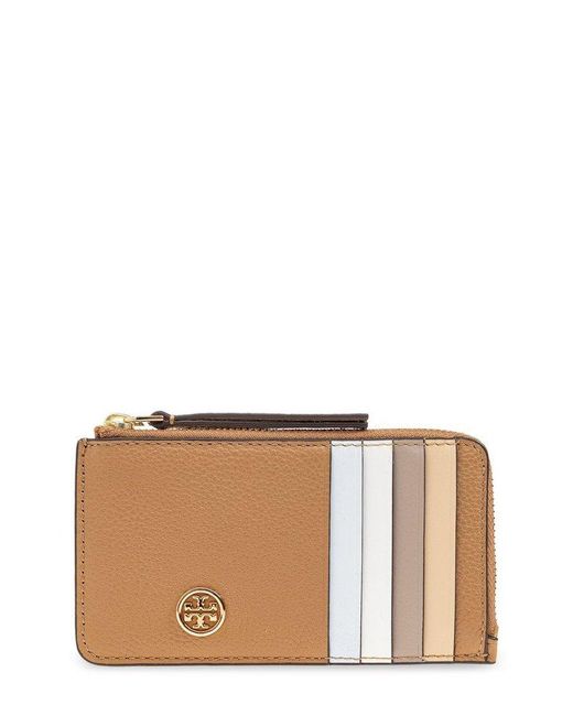 Tory Burch Brown Robinson Pebbled Top-Zip Card Case