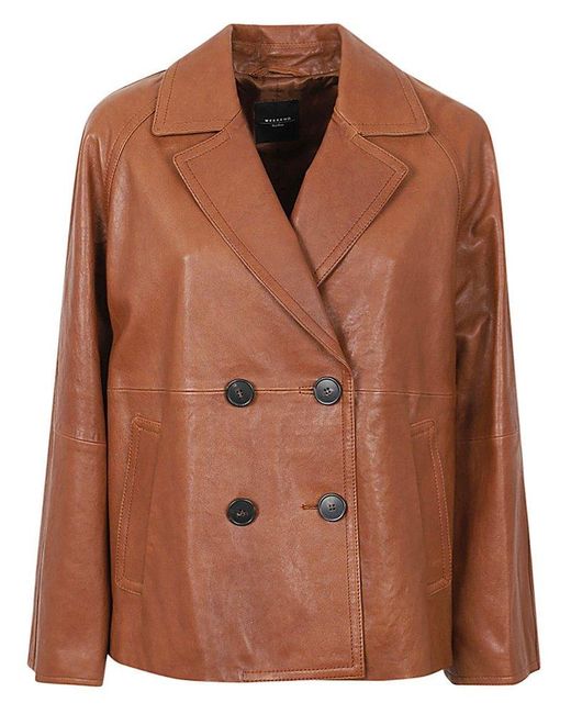 Weekend by Maxmara Brown Double-breasted Leather Pea Coat