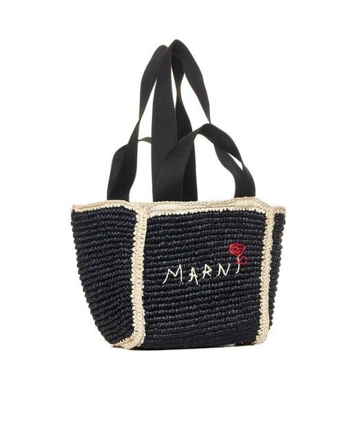 Marni Black Logo Embroidered Woven Top Handle Tote Bag