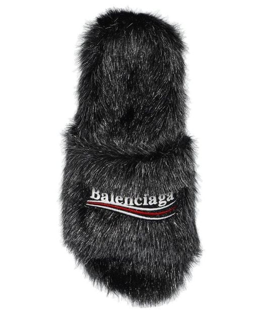Balenciaga Black Logo Embroidered Faux Fur Slides