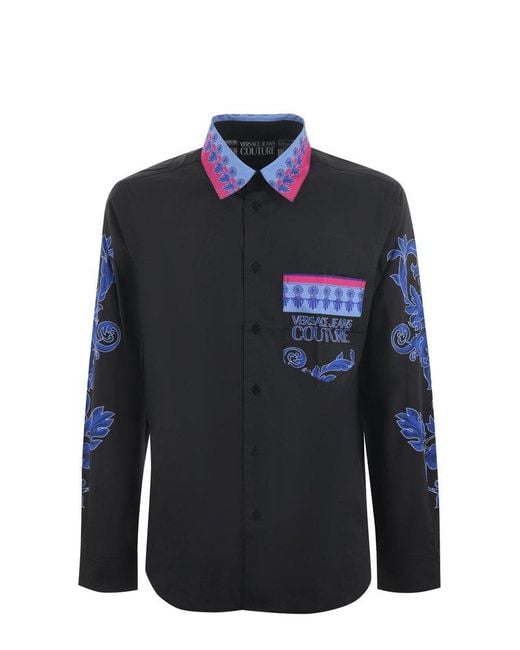 Versace Jeans Couture Blue Pattern-Printed Button-Up Shirt for men