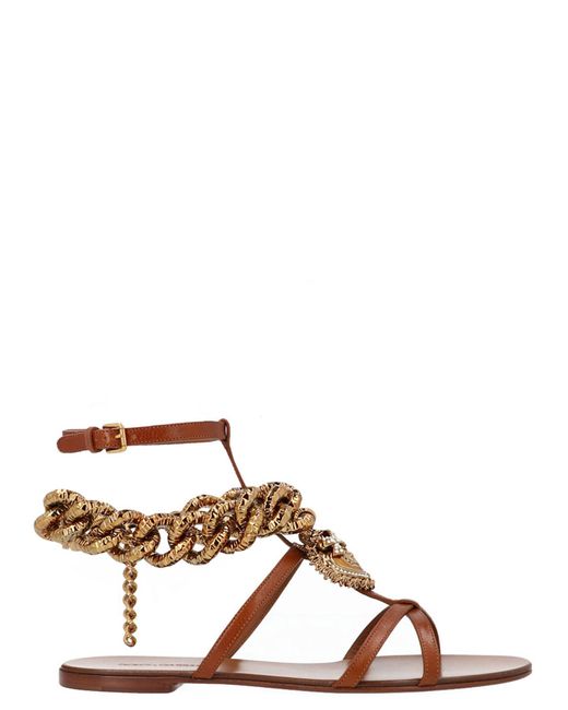 Dolce & Gabbana Brown Devotion Heart And Chain Leather Sandals