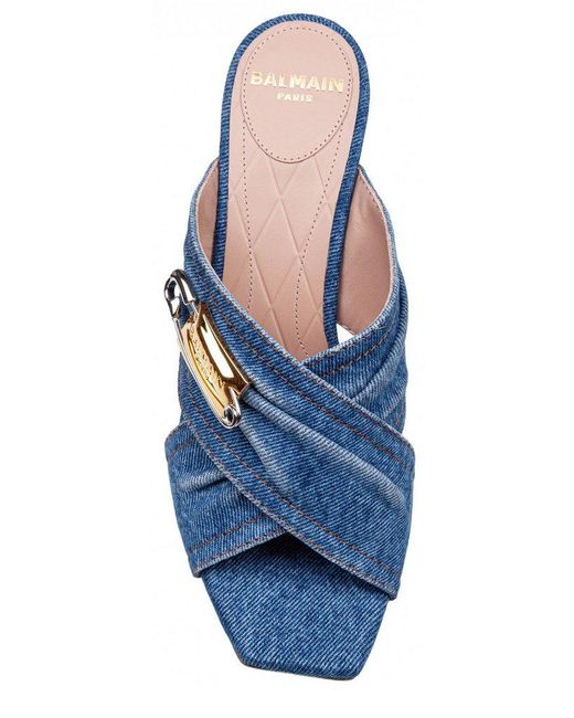 Balmain Blue Denim Safety Pin Mules