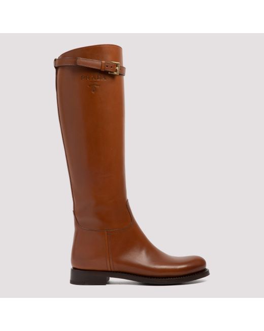 Prada Brown 30 Logo-embossed Leather Knee Boots