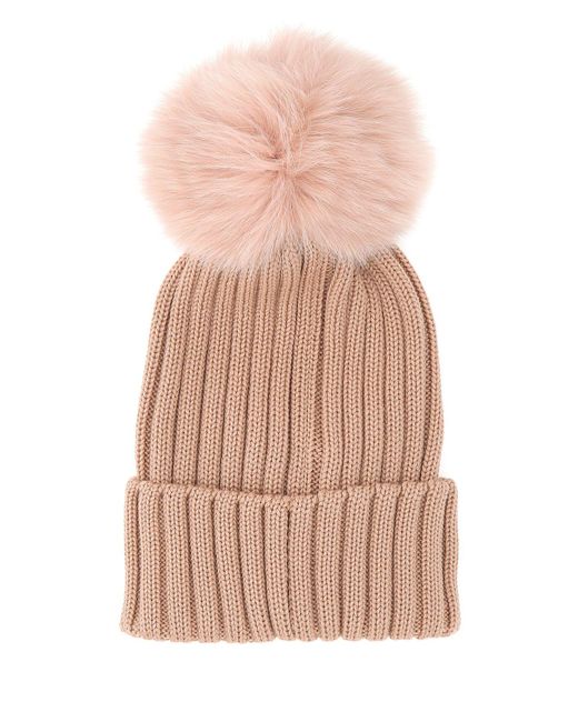 Moncler Wool Logo Patch Pompom Beanie in Pink - Lyst