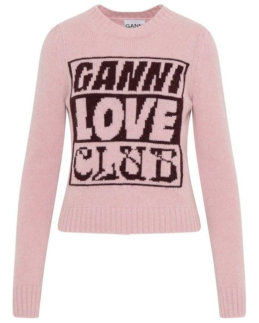 Ganni Wool Logo Intarsia-knit Jumper in Pink | Lyst