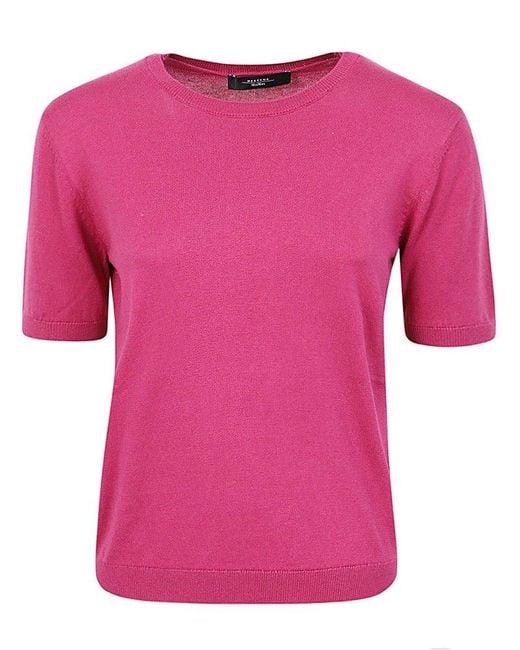 Weekend by Maxmara Pink Crewneck Ribbed-knit Trim T-shirt