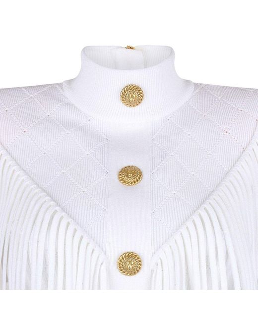 Balmain White High Neck Fringed Knitted Minidress