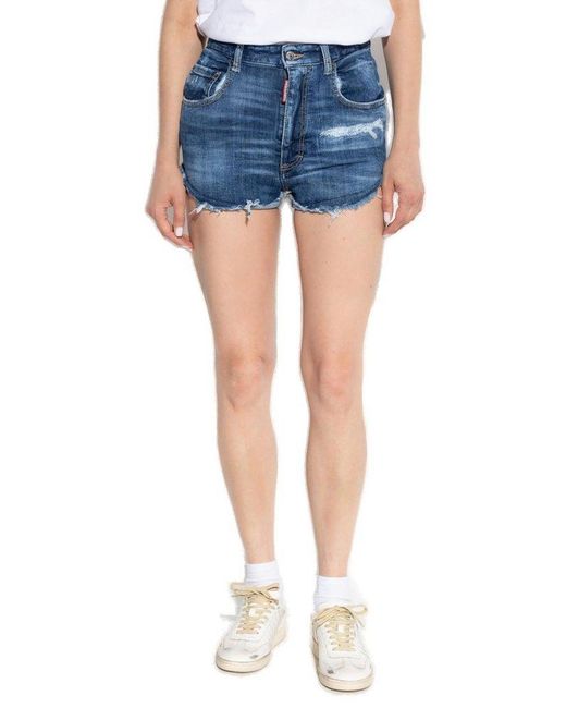 DSquared² Blue Logo Patch Distressed Shorts