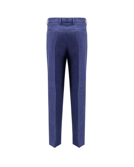 Brunello Cucinelli Blue Linen, Wool And Silk Trousers With Pinces for men