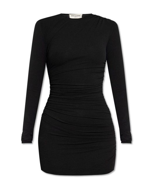 Saint Laurent Black Draped Long-sleeved Mini Dress