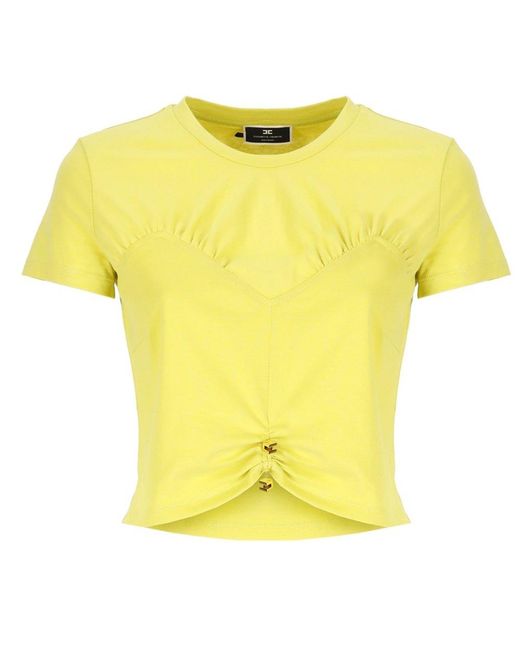 Elisabetta Franchi Yellow Logo Detailed Cropped T-shirt