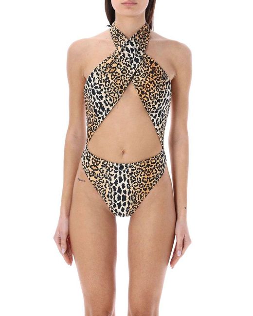 Reina Olga White Leopard Print Halter-neck Swimsuit