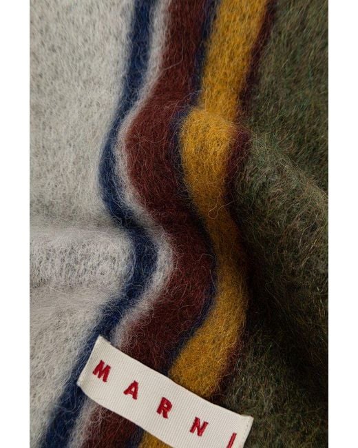 Marni Black Logo Patch Striped Knit Fringed Scarf for men