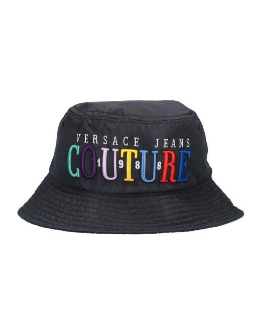 Versace Jeans Black Logo Embroidered Bucket Hat for men