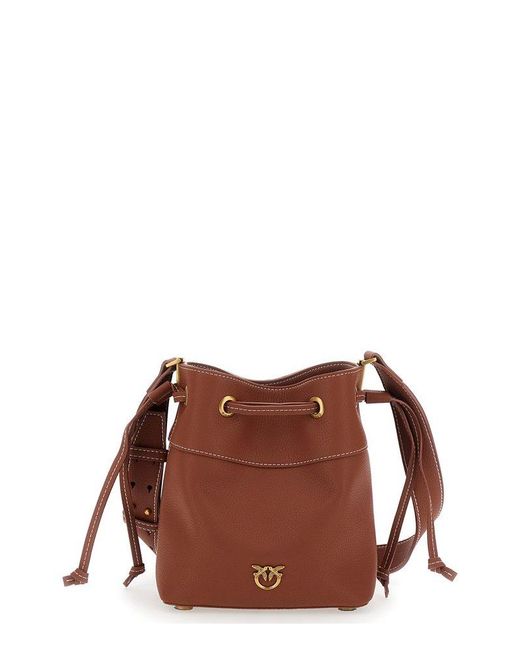 Pinko Brown Logo Plaque Drawstring Fastened Bucket Bag