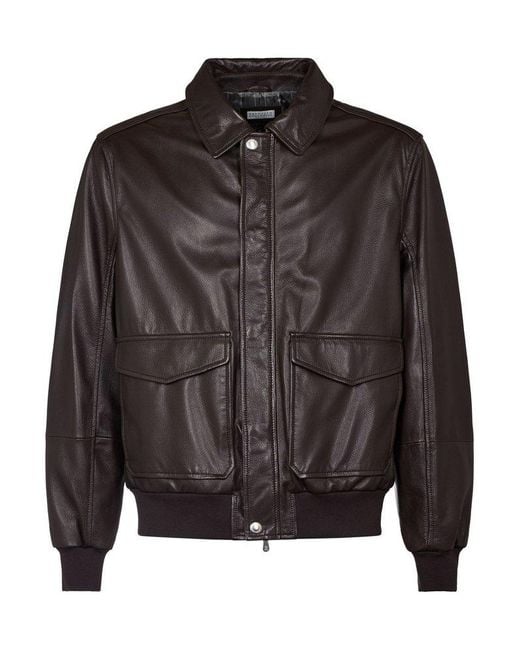 Brunello Cucinelli Black Aviator Zip-Up Leather Jacket for men
