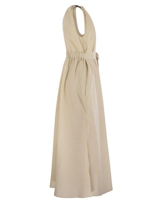 Brunello Cucinelli Natural Techno Cotton Poplin Dress With Belt And Precious Shoulder Detail