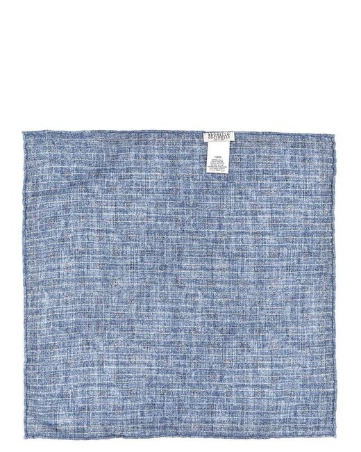 Brunello Cucinelli Blue Geometric Printed Reversible Square Pocket for men