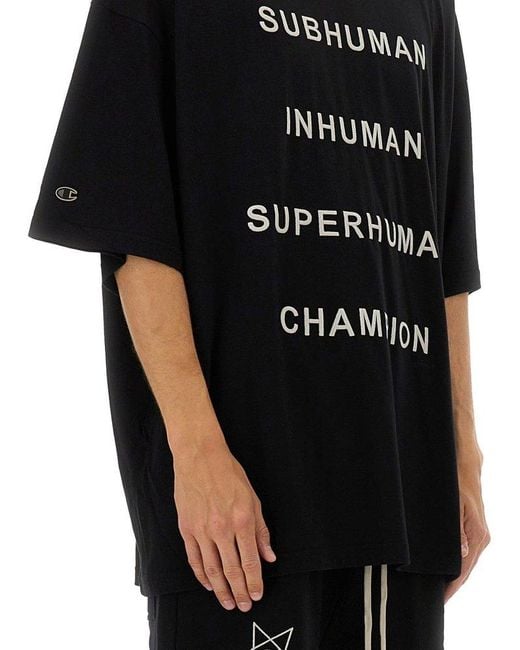 Rick Owens Black X Champion Text Printed Crewneck T-Shirt for men