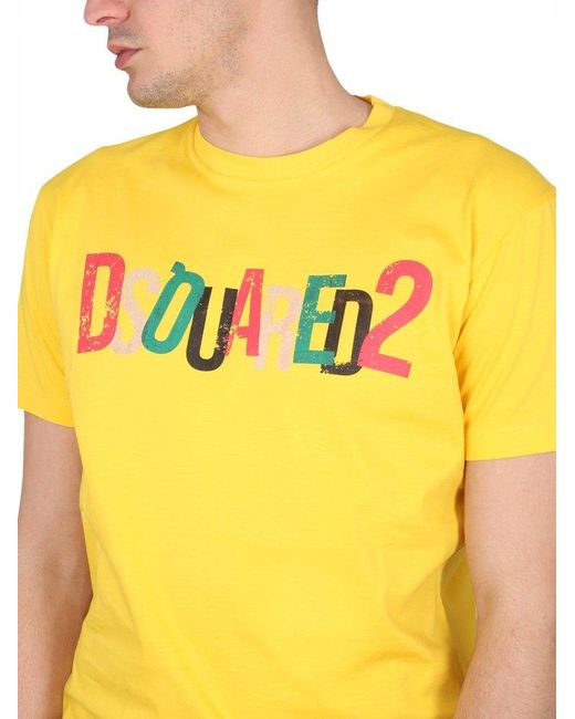 DSquared² Yellow Logo Printed Crewneck T-shirt for men