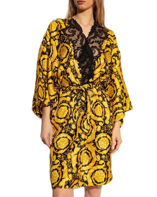 Versace Yellow Barocco-printed Lace-panelled Robe
