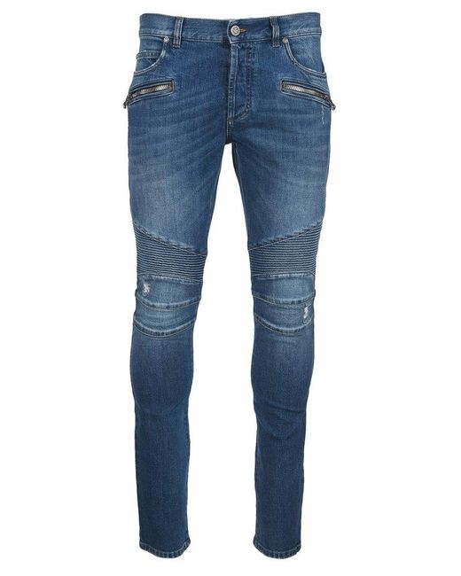 Balmain Blue Ribbed Distressed Slim-fit Jeans for men