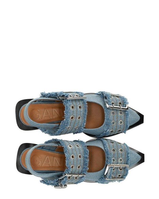 フラットシューズ Ganni Faded Denim Slingback Ballet Flat Shoe Ganni Faded Denim Slingback Ballet Flat Shoe With Buckles