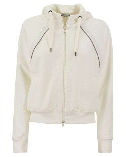 Brunello Cucinelli White Smooth Cotton Fleece Hooded Topwear With Shiny Piping