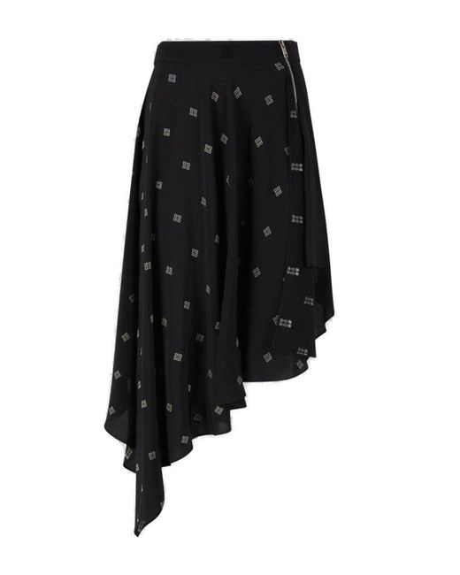 Givenchy Black 4g Asymmetric Silk Midi Skirt