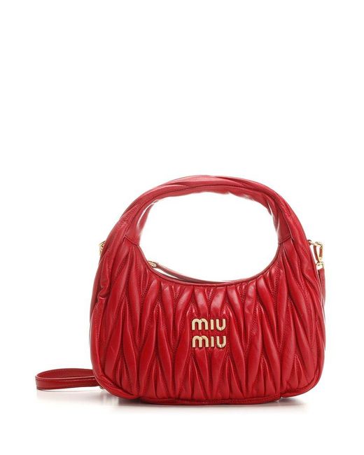 Miu Miu Wander Matelassé Logo Plaque Mini Hobo Bag in Red | Lyst