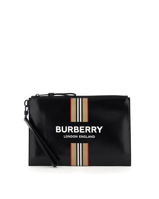 Burberry Black Logo And Icon Stripe Print Zip Pouch Bag for men