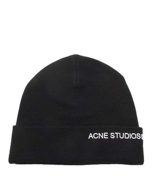 Acne Black Logo Embroidered Ribbed Beanie