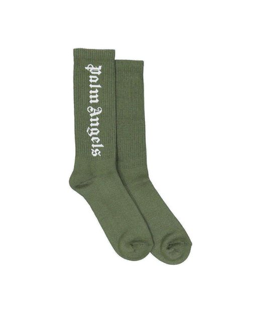 Palm Angels Green Logo Intarsia Socks for men