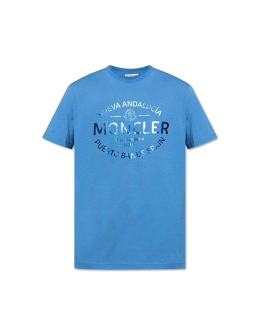 Moncler Blue T-Shirt With Printed Logo for men