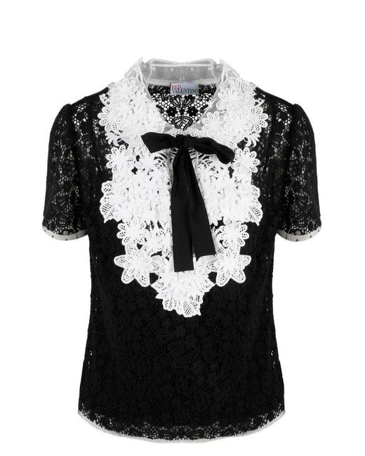 RED Valentino Black Red Bow Embellished Short-sleeved Lace Top