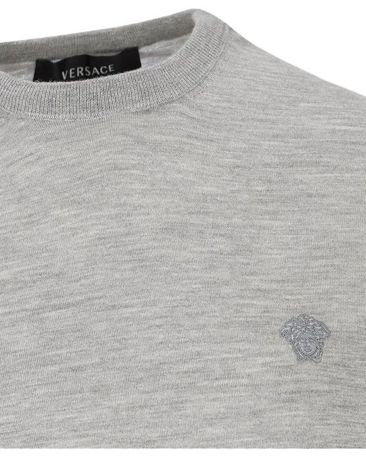 Versace Gray Logo Embroidered Crewneck Knitted Jumper for men