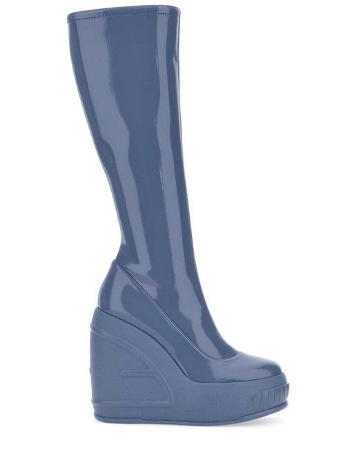 Fendi Blue Shiny Wedge Platform Knee Boots