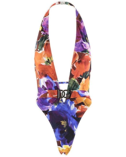 Dolce & Gabbana Blue Stretch Nylon One-Piece Swimsuit With Floral Pattern