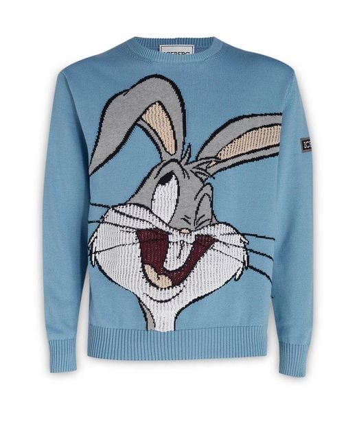 Iceberg Blue Bugs Bunny Intarsia Knitted Sweater for men