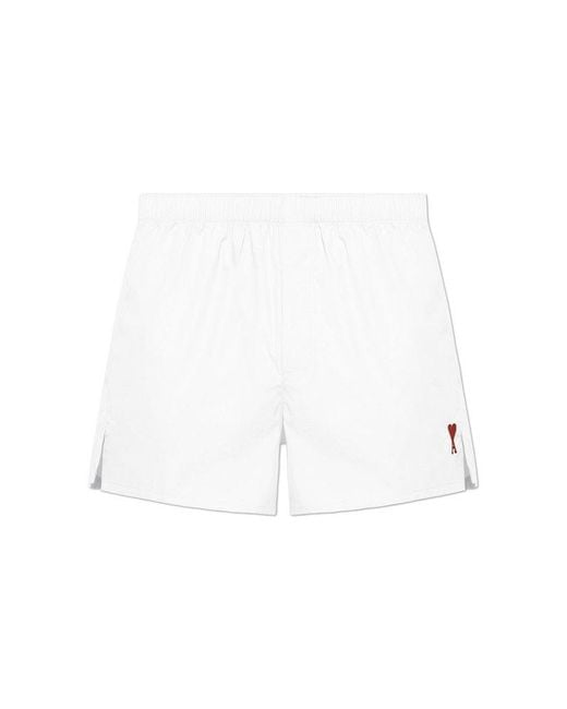 AMI White Logo Embroidered Swim Shorts for men