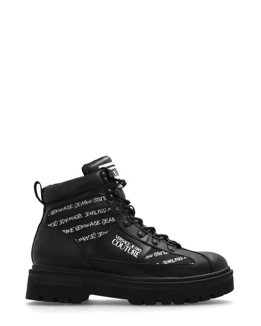 Versace Jeans Black Logo Printed Lace-up Ankle Boots