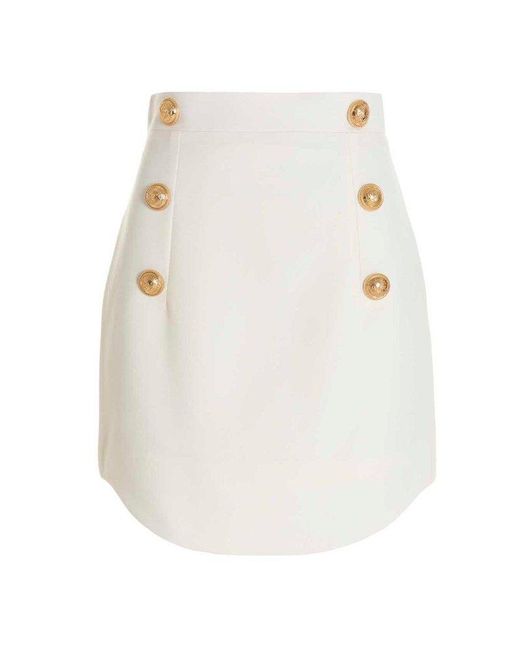 Balmain White Gold Button Wool Skirt