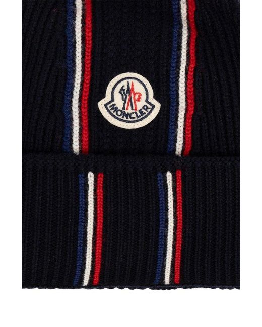 Moncler Blue Logo Patch Knitted Beanie for men