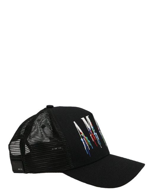 Amiri Paint Drip Logo Mesh Panelled Trucker Cap in Black for