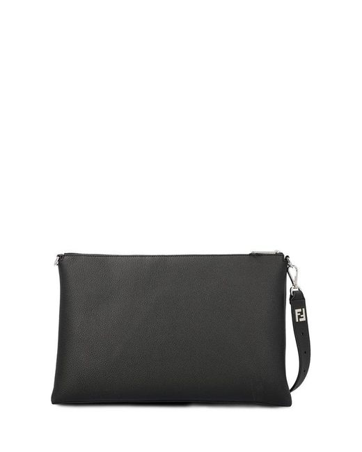 Fendi Black Logo Detailed Zipped Clutch Bag for men