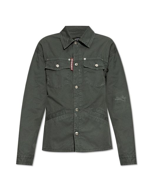DSquared² Green Button-Up Distressed Belted Overshirt