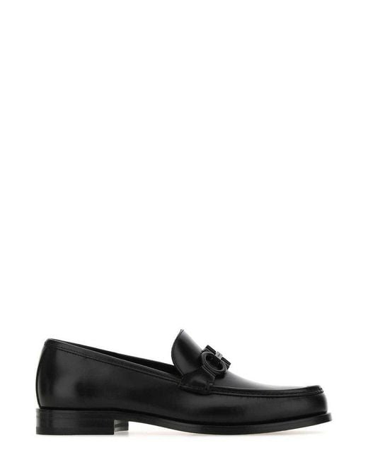 Ferragamo Black Leather Gancini Loafers for men