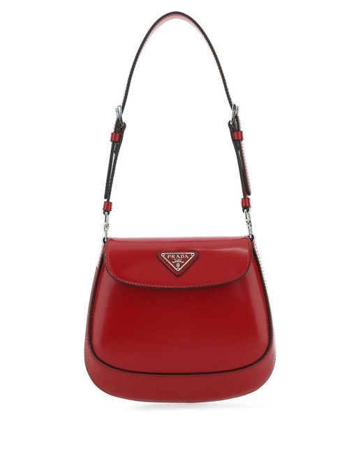 Prada Leather Cleo Logo Plaque Shoulder Bag in Red | Lyst