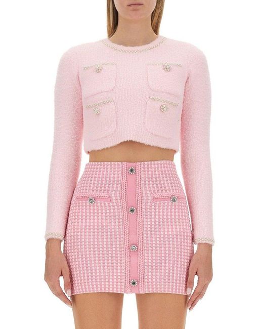 Self-Portrait Pink Long-sleeved Cropped Knit Top